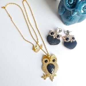 Gold Crystal Owl Necklace Owl Fuzzy Earrings